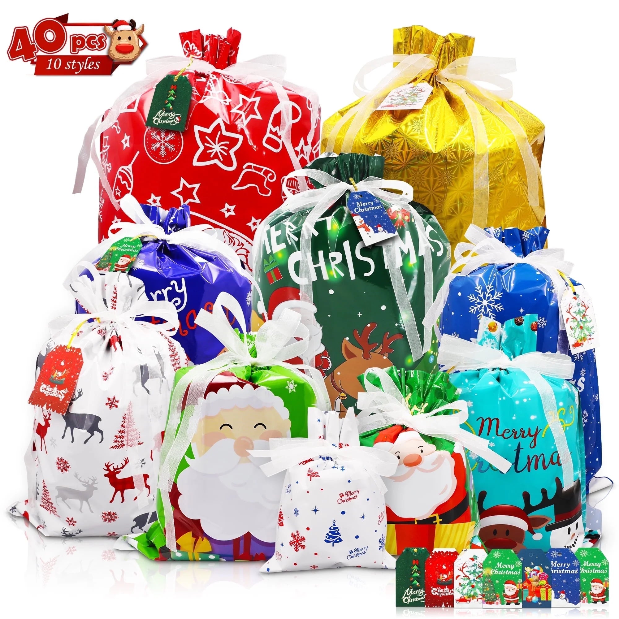 40 Pcs Christmas Gift Bags – Drawstring Gift Bags with Tags, Foil Wrapping Sacks & Pouches for Holiday Presents & Party Favors