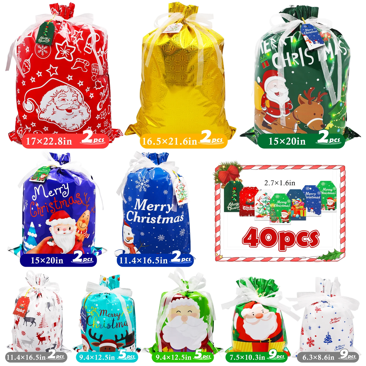 40 Pcs Christmas Gift Bags – Drawstring Gift Bags with Tags, Foil Wrapping Sacks & Pouches for Holiday Presents & Party Favors